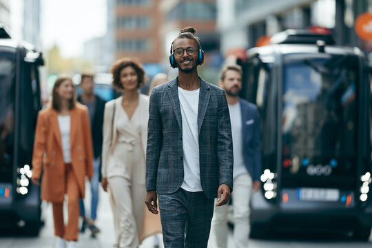 Smiling Businessman Walking on Street with Autonomous Shuttles