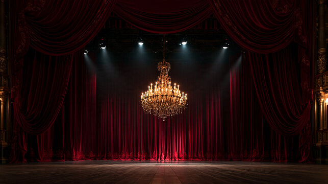 Empty Theater Stage with Red Velvet Curtains and Chandelier