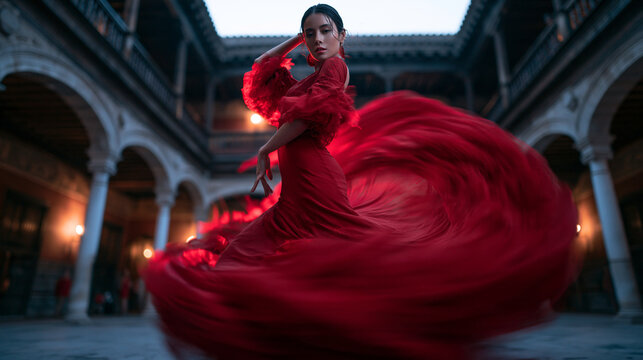 Flamenco Dancer in Red Dress Spinning in Courtyard