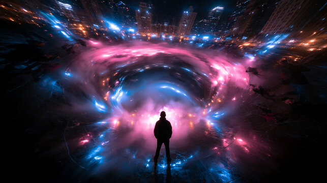 Silhouette of Man Standing Before Futuristic Glowing Dimension Portal
