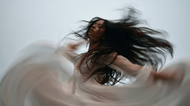 Young Woman Dancing and Spinning with Flowing Hair