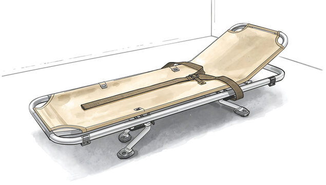 A medical stretcher with a beige fabric bed and metal frame, featuring safety straps and folding legs, depicted in a watercolor style