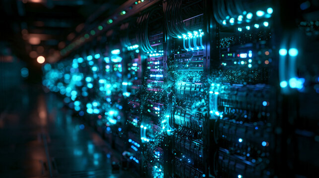 Futuristic Data Center with Glowing Blue Server Racks