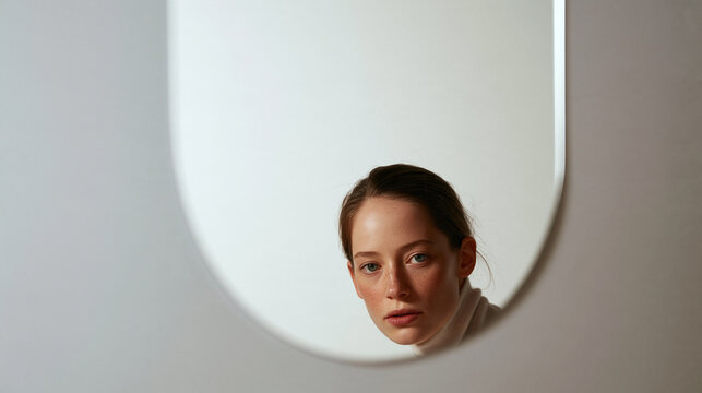 Portrait of Young Woman Looking into Modern Mirror