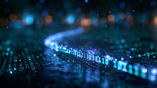 Glowing Binary Data Stream Flowing in Cyber Space