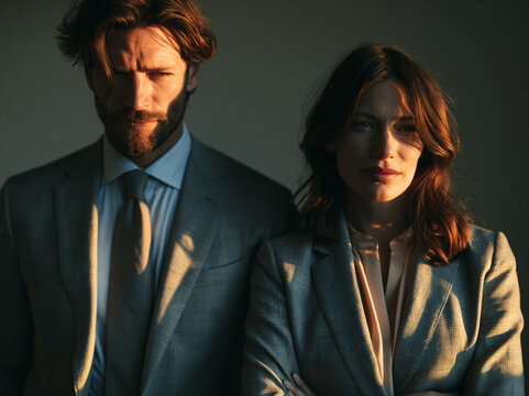 Serious Business Executives in Suits with Dramatic Lighting
