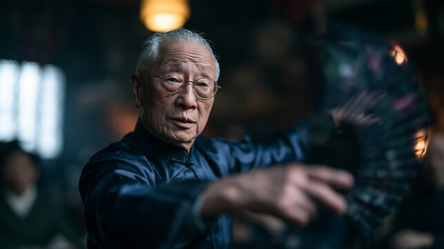 Senior Asian Man Practicing Traditional Tai Chi Fan Martial Arts