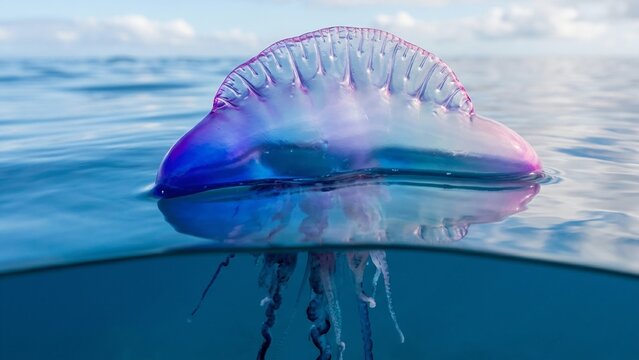 Split-Level Over-Under View of a Pelagic Bluebottle Jellyfish floating on Fiji Ocean