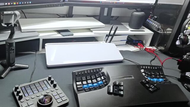 Highly ergonomic video editing equipment as professional video editing desk setup shows devices like ergonomic keyboard, ergonomic vertical mouse, monitors or special input device for short cuts