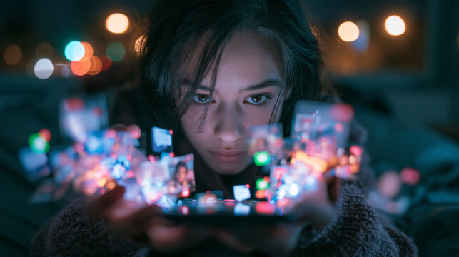Woman Looking at Glowing Social Media Notifications on Smartphone