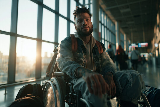 Confident Young Wheelchair User Traveling at Airport Terminal