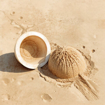 A round sand mold and a perfectly shaped sand dome sitting on a flat sandy beach surface under bright sunlight with soft shadows cast nearby
