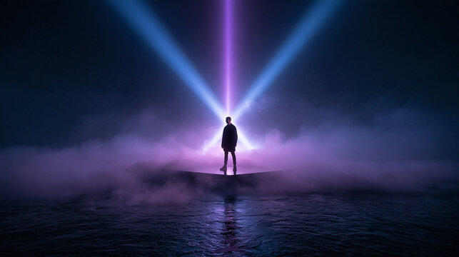 Silhouette of Man Standing in Dramatic Neon Light Beams and Fog