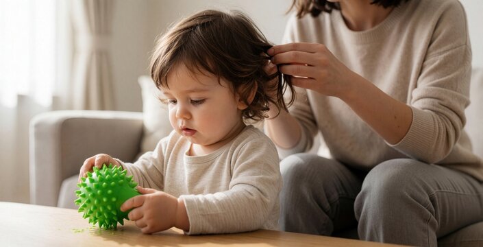 Caucasian mother checks toddler hair for lice nits at home. Young child plays with green spikey toy on table adult performs scalp inspection. Family hygiene routine involves grooming hair, preventing