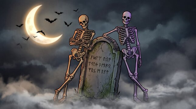 Skeleton characters holding tombstone under moon with bats Vector