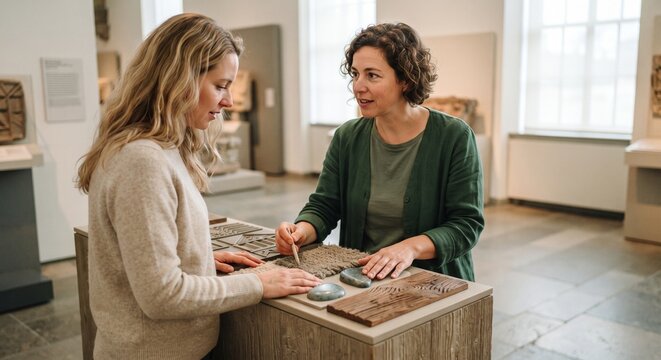 Two women examining ancient artifacts and historical exhibits in museum gallery with display case.