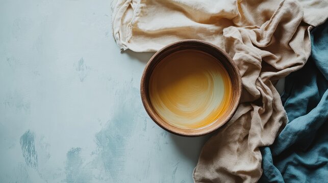 A rustic wooden bowl filled with ochre-colored liquid sits on a textured light-blue surface, surrounded by beige and teal linen fabrics