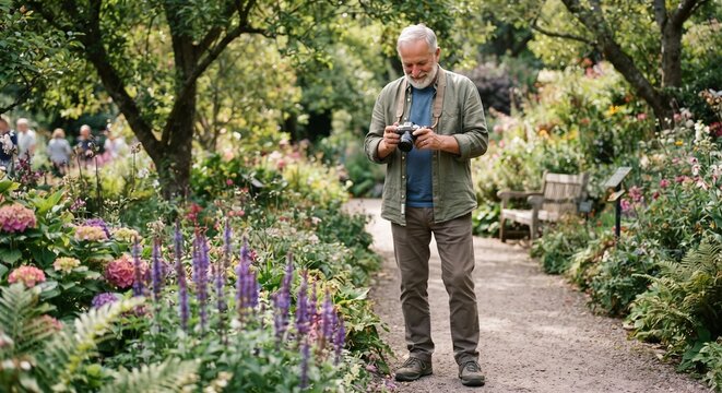 Senior man taking pictures with retro camera in beautiful botanical garden with blooming flowers and green trees.