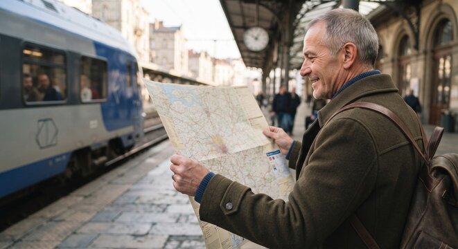 Senior man reading travel map at railway station platform next to train.