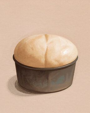 A watercolor painting of a round loaf of raw bread dough rising in a dark grey circular baking tin, set on a light beige paper textured background