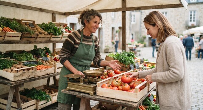 Mature female market vendor interacting with a customer choosing fresh tomatoes at a vibrant outdoor farmers market.