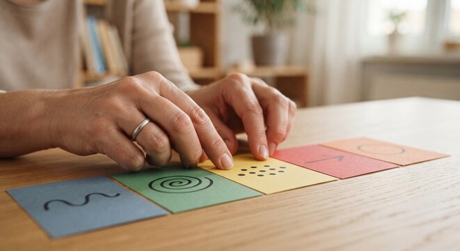 Close-up of person hands sorting colorful cognitive therapy cards with abstract symbols on wooden table.