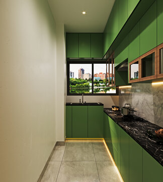 Modern galley kitchen interior design featuring vibrant green cabinetry sleek stone countertops and warm under cabinet lighting in luxury home