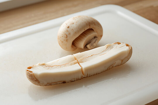 Fresh white button mushroom cut in half on a white plastic cutting board, showing the internal texture and gills of the raw vegetable food