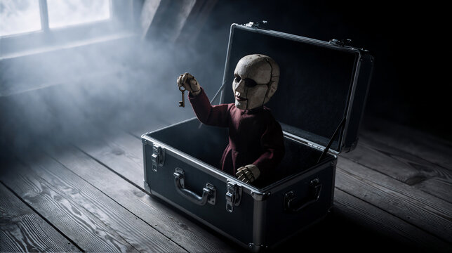 Creepy ventriloquist dummy holding an old key inside an open trunk. Vintage puppet in dark misty attic room