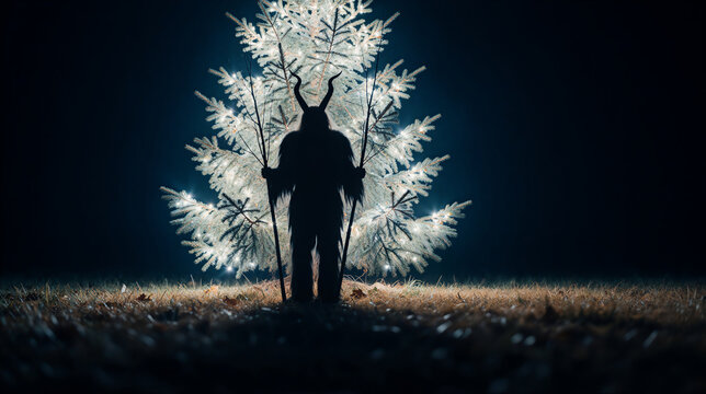 Silhouette of horned Krampus figure holding switches in front of illuminated Christmas tree at night. Alpine folklore monster