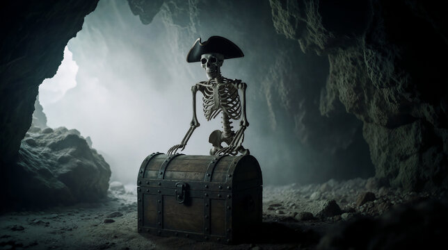 Pirate skeleton leaning on treasure chest inside a dark misty cave. Fantasy adventure and sunken treasure concept