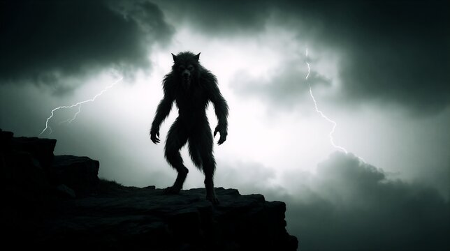 Silhouette of werewolf on rocky cliff during thunderstorm. Powerful lycanthrope monster against lightning sky