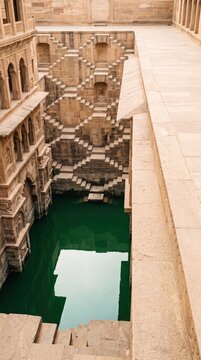 Ancient stepwell with symmetrical stone stairs and green water