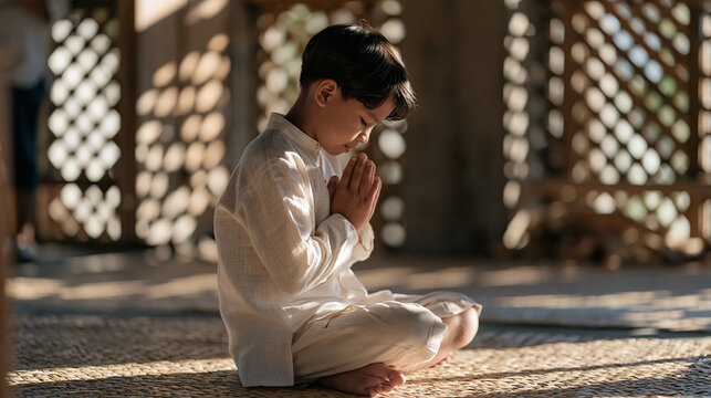 Barefoot Filipino boy sitting cross-legged on a woven mat inside a humble village chapel, head bowed low in sincere worship, afternoon sunlight filtering through lattice walls,