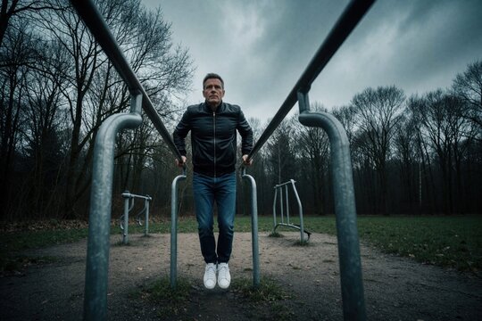 Fit middle aged man performs tricpic dips on parallel bars in outdoor gym. Strong athlete works out in public park under cloudy sky. Man uses bodyweight training for muscle strength, core