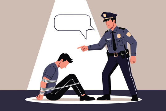Police officer in uniform pointing accusingly at a tied suspect sitting on the floor under a spotlight with speech bubble.