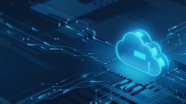 Motion graphics of a glowing 3D cloud icon processing digital data over an electronic circuit board. Ideal for cloud computing, cybersecurity, network technology, and online server themes.