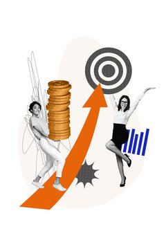 Art image vertical photo collage of two happy puzzled business girls cooperation arrow development coin usd profit poor bankrupt