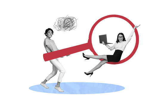 3d sketch poster trend collage image of two puzzled happy girls business colleagues hold zoom lens magnifier laptop freelance
