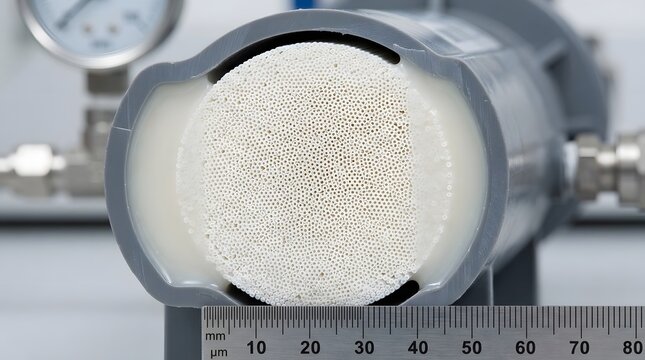 Ceramic membrane filter cross section showing hollow fiber microfiltration technology inside industrial water treatment equipment closeup