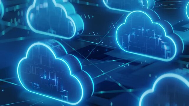 Futuristic 3D motion graphic animation of glowing neon cloud computing icons connected over a digital network grid, representing high speed data transfer, internet storage, and online servers.