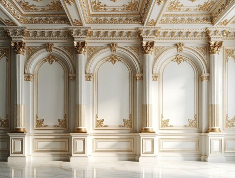 Luxury interior with white, gold wall panels. Classic architecture features ornate columns, golden rococo carvings, marble floor. Elegant palace hall design with baroque style decor. Empty room for