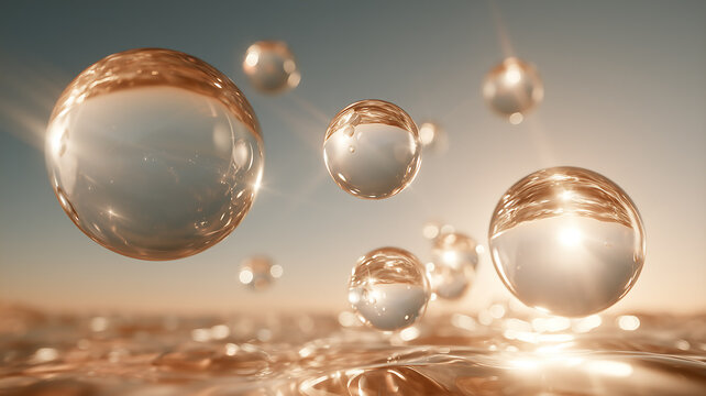 Golden 3D Water Bubbles Sunset Background,golden  floating spheres