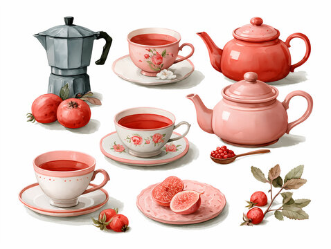 whimsical red cups of tea with teapot  clip art set illustration isolated on a white background 