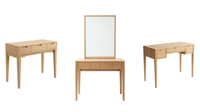 Wooden vanity table with mirror and cushioned stools