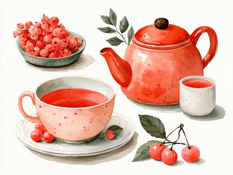  Fruit Tea Set with Cherries and Berries Watercolor Illustration