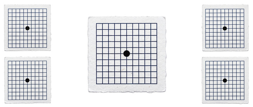 Amsler grid vision test chart set with central black dot for macular degeneration diagnostic medical exam on black background for ophthalmology visual acuity testing and optical health checkup