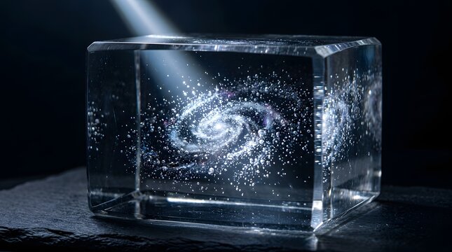 Transparent glass cube containing glowing miniature spiral galaxy illuminated by sharp overhead beam inside dark studio