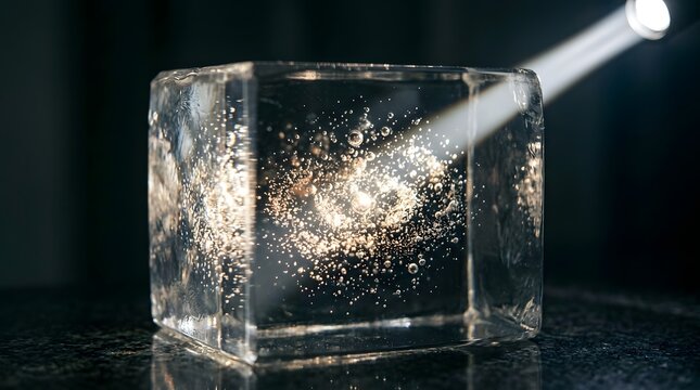 Transparent ice cube filled with sparkling tiny air bubbles illuminated by a bright beam of light from above