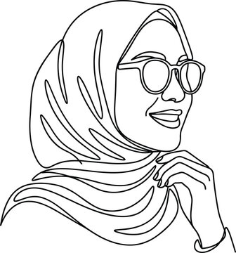 Continuous single line drawing of a stylish Muslim woman wearing a hijab and sunglasses vector illustration.